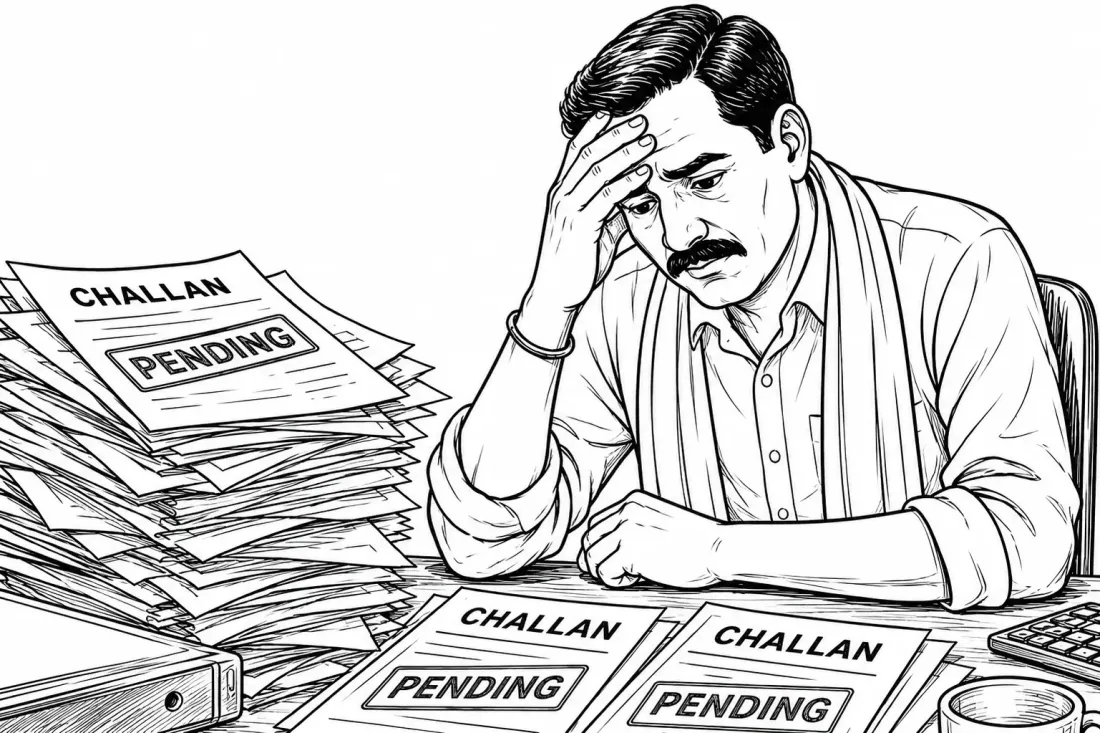 Stressed fleet owner with stack of pending challans